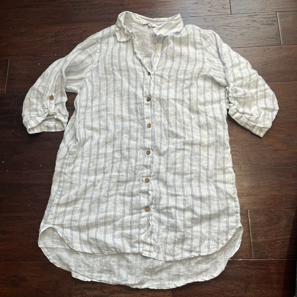 Elegant White Striped Women's Linen Swim Coverup